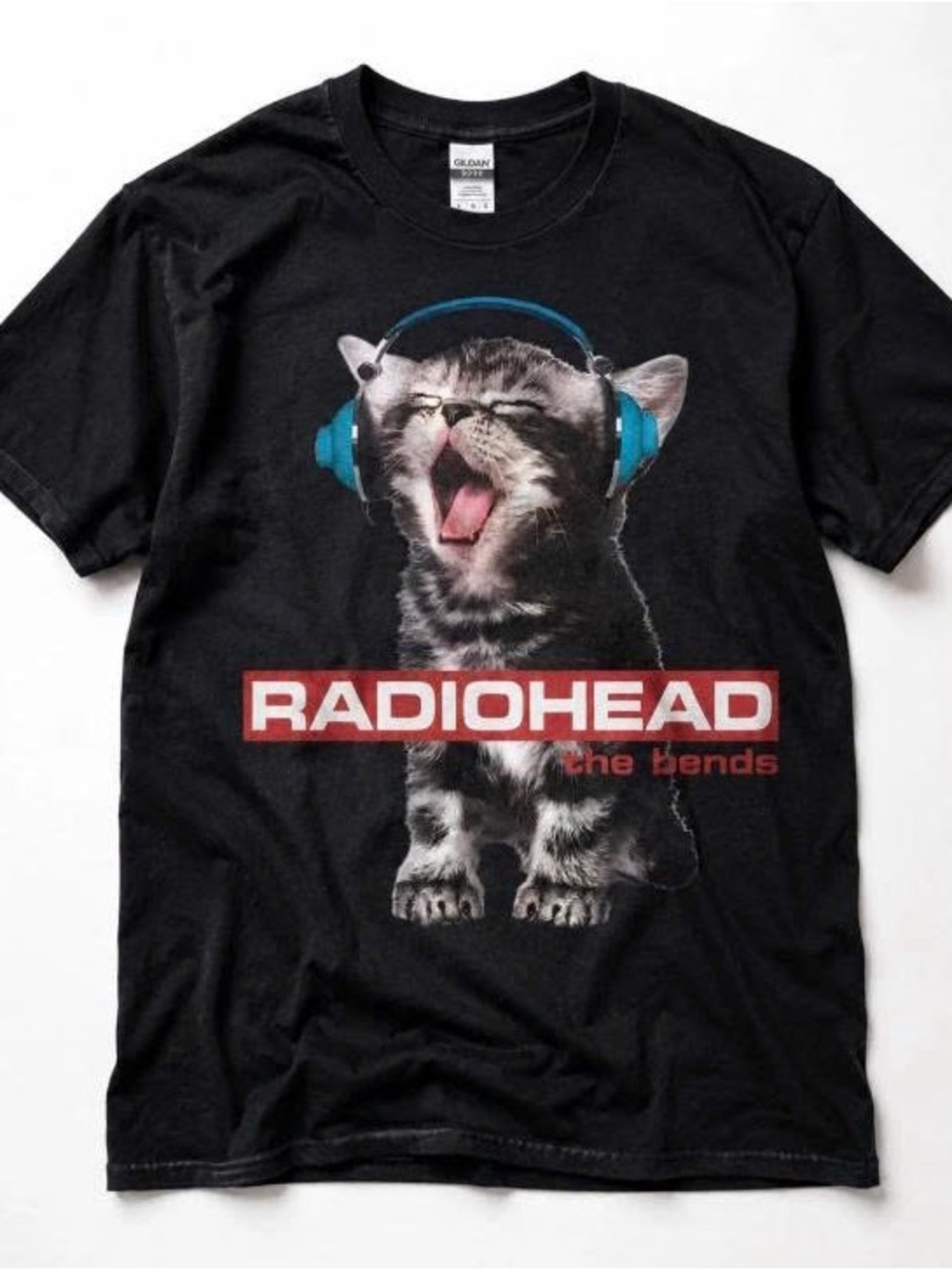 Black Cat Graphic T-Shirt - Cute Kitten with Blue Headphones